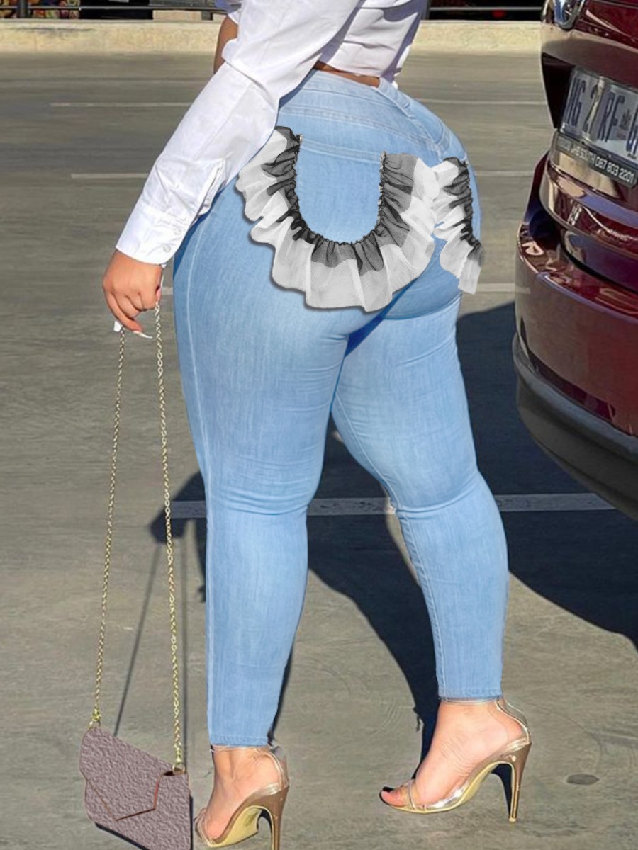 

LW Plus Size Flounce Design Patchwork Jeans, Baby blue