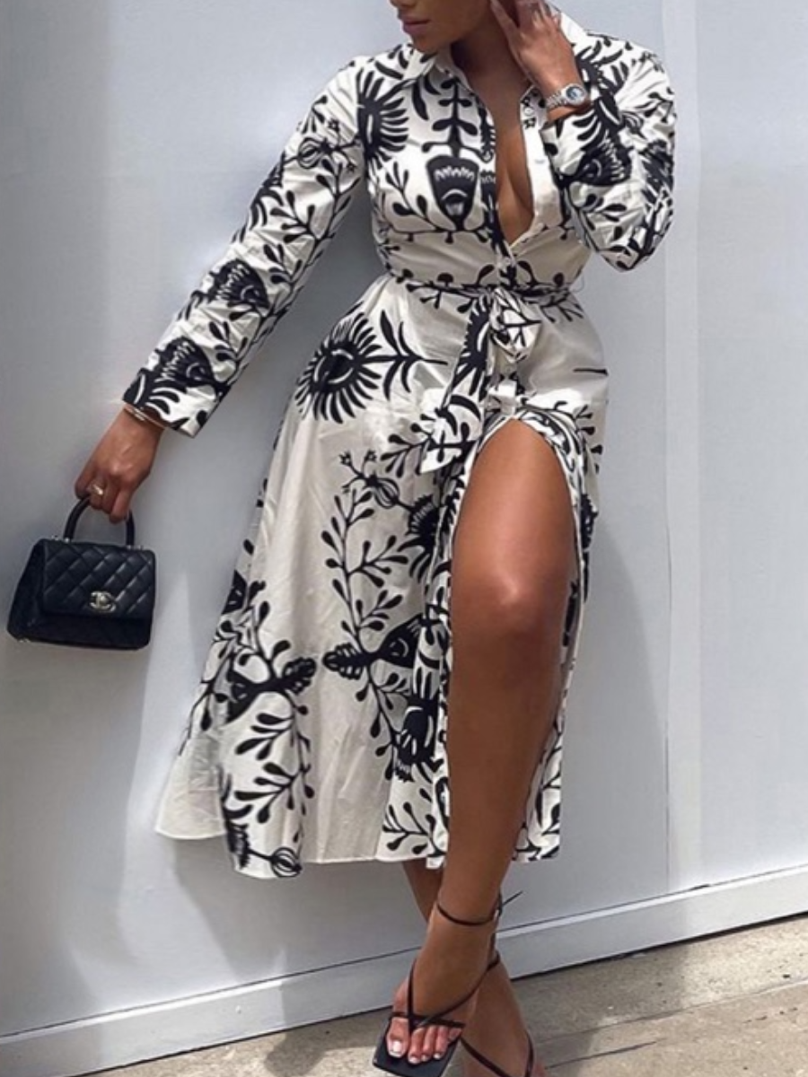 

LW SXY Floral Print Bandage Design Shirt Dress, White