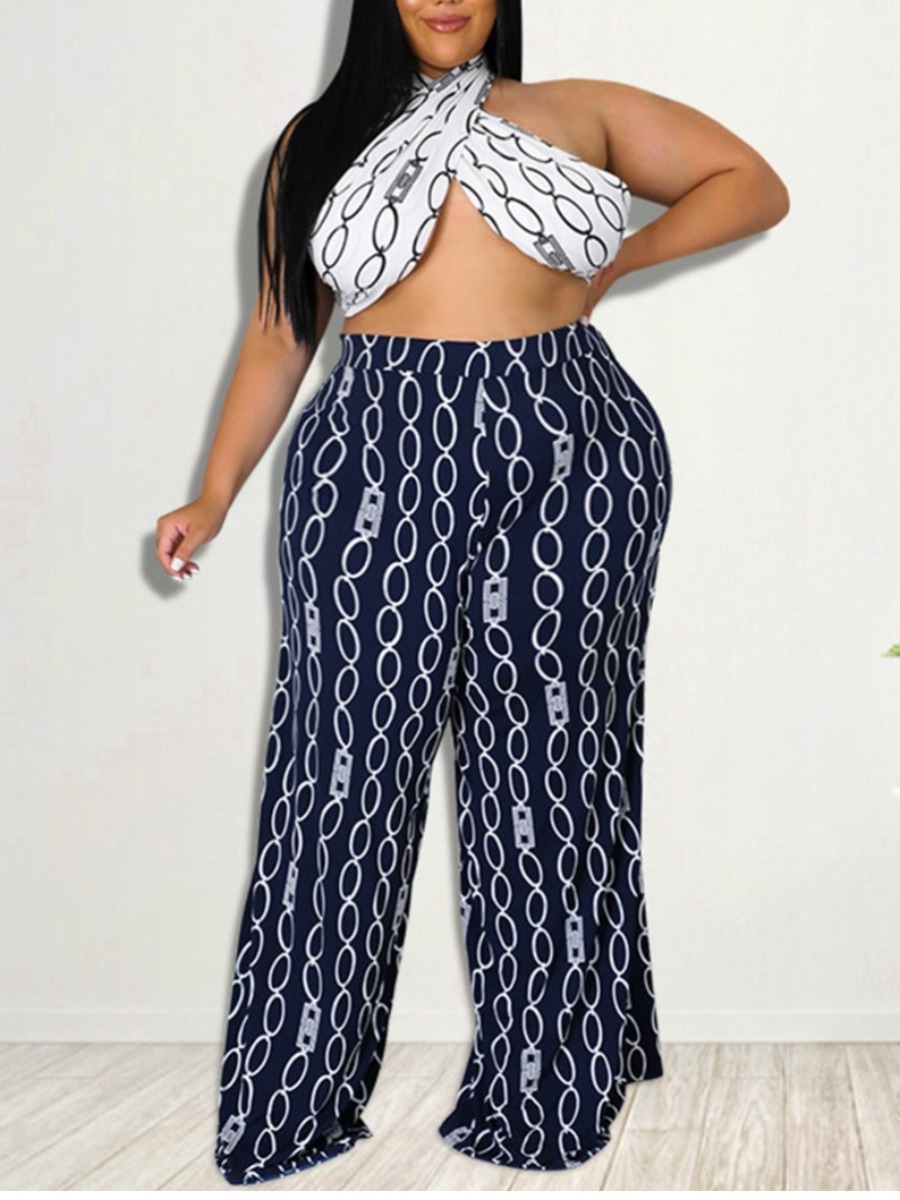 

LW Plus Size Geometric Print Cross Strap Pants Set, Royalblue