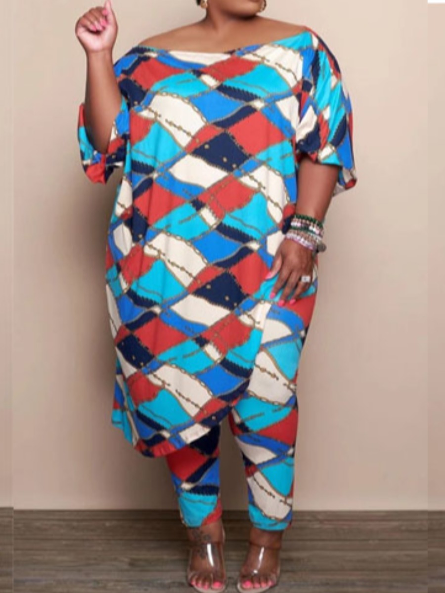 

LW Plus Size Boat Neck Patchwork Pants Set, Multi