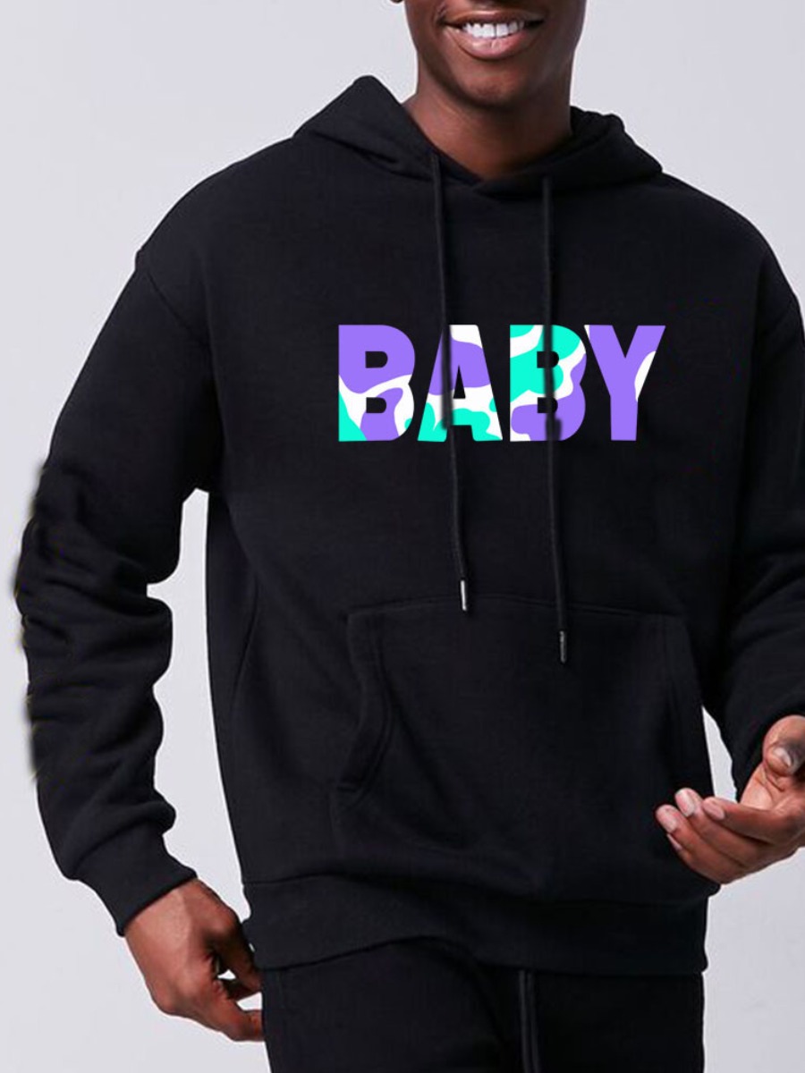 

LW Men Letter Print Kangaroo Pocket Hoodie, Black