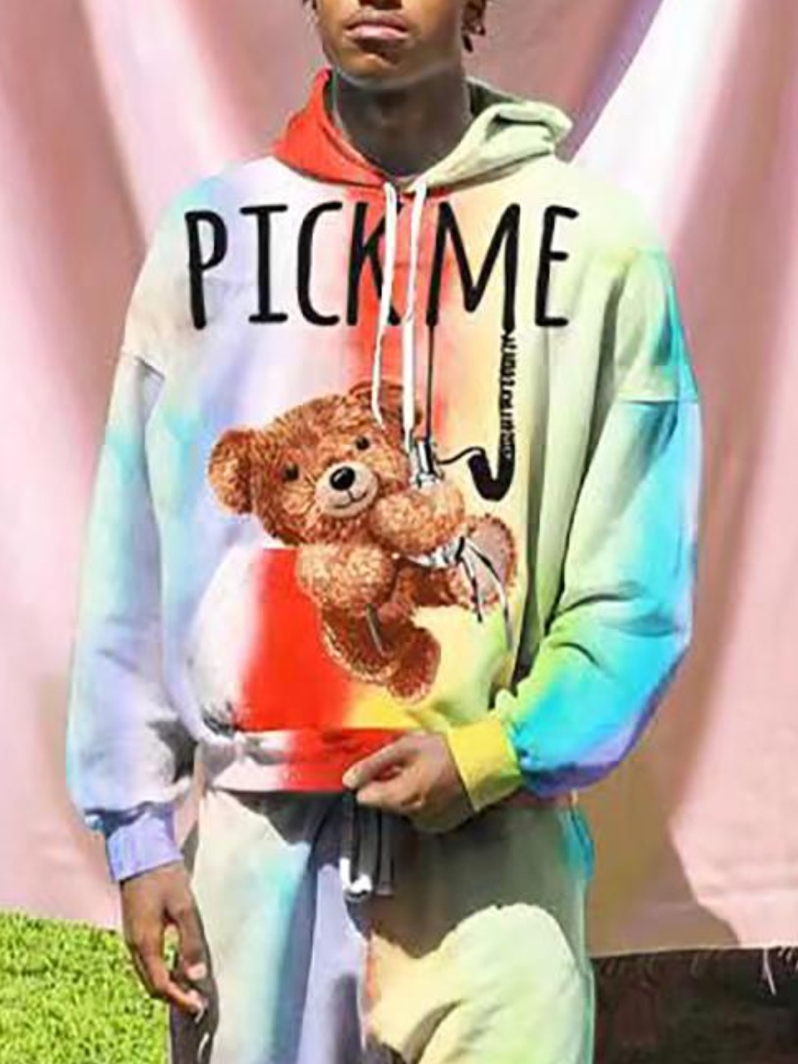 

LW Men Cartoon Print Tie-dye Oversized Hoodie, Multi