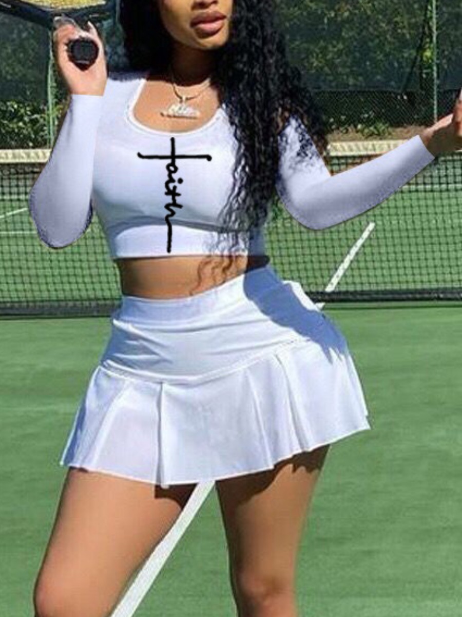 

LW Letter Print Flounce Design Skirt Set, White