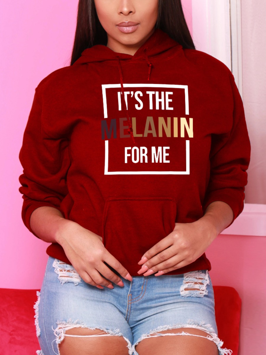 

LW BASICS Letter Print Kangaroo Pocket Hoodie, Wine red