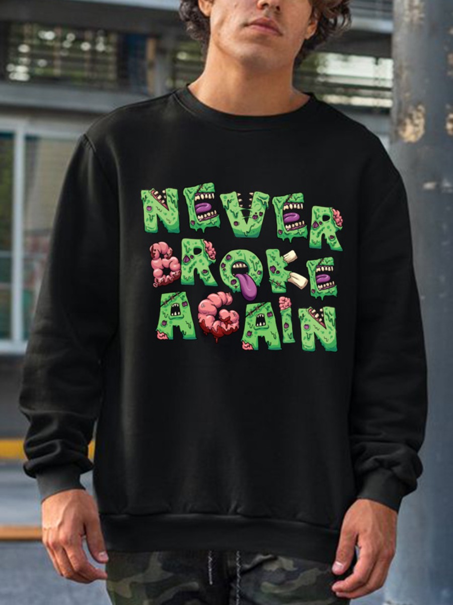 LW Men Cartoon Letter Print Hoodie, Black