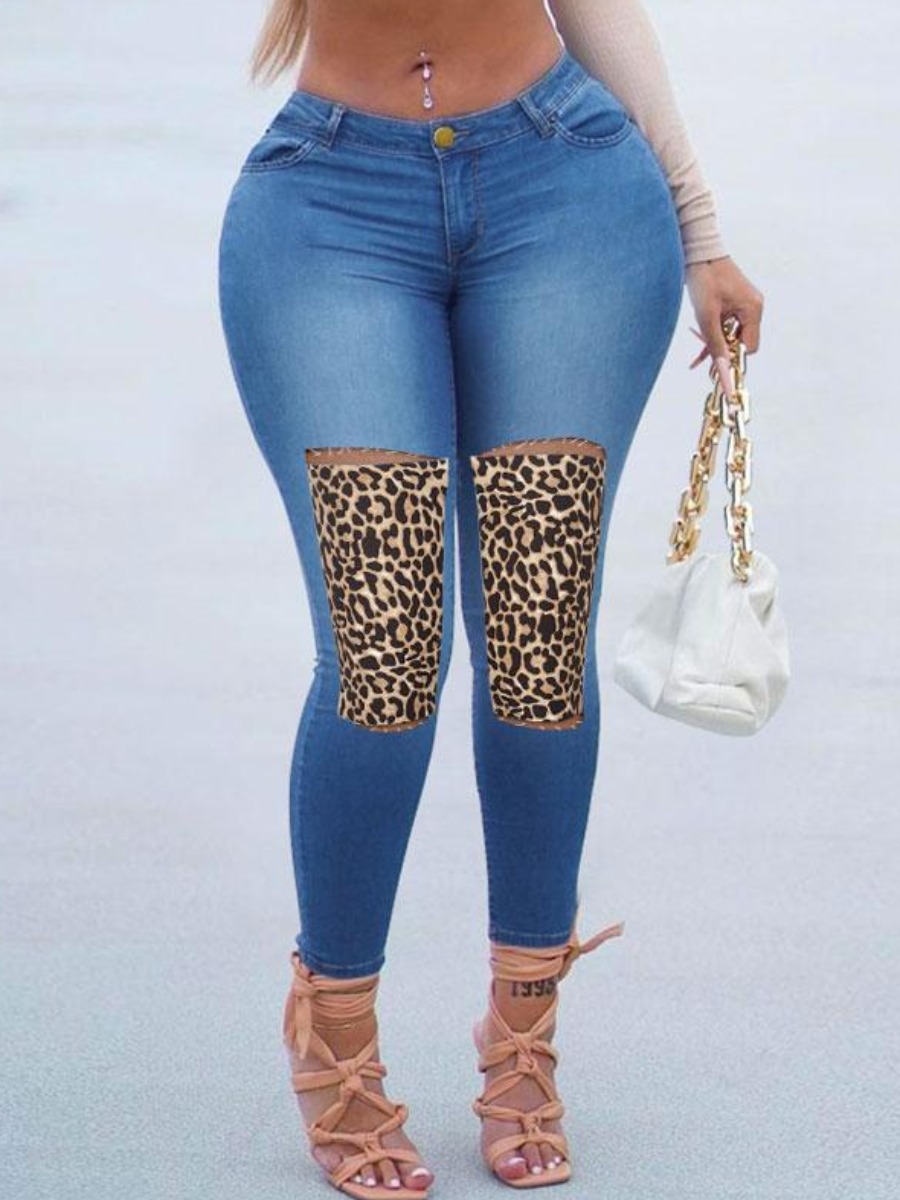 

LW High Stretchy Leopard Print Ripped Jeans, Blue