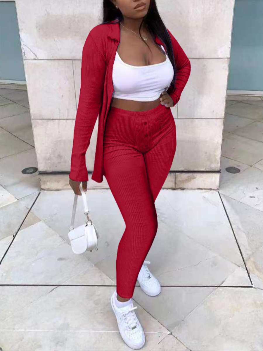 

LW Turndown Collar Rib-Knit Pants Set (Without Camisole), Red