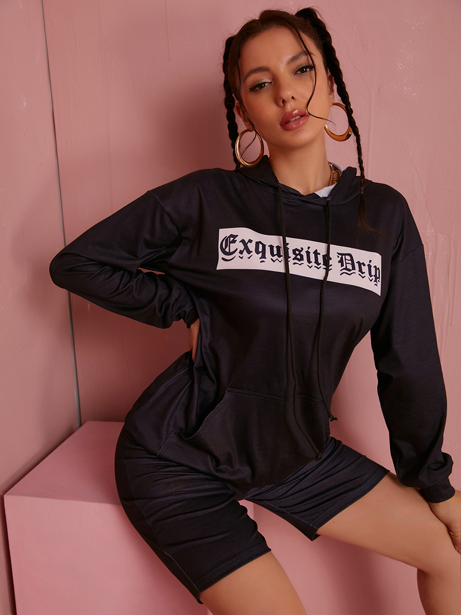 LW Letter Print Kangaroo Pocket Shorts Set