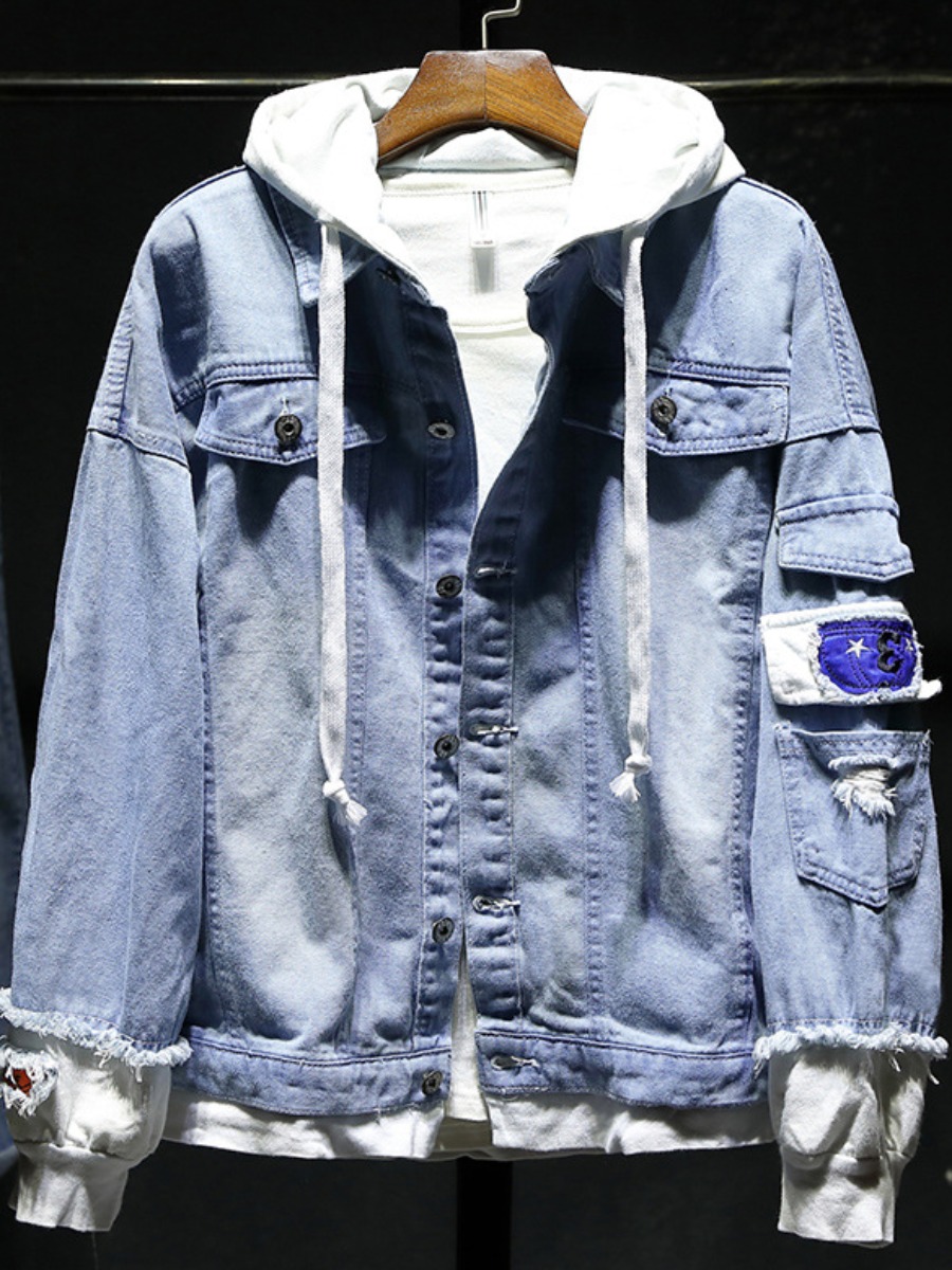 

LW Men Hooded Collar Pocket Design Denim Jacket, Baby blue