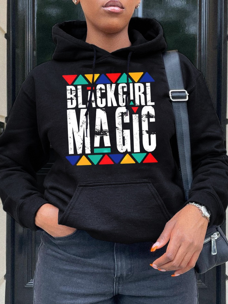 

LW Geometric Letter Print Hoodie, Black