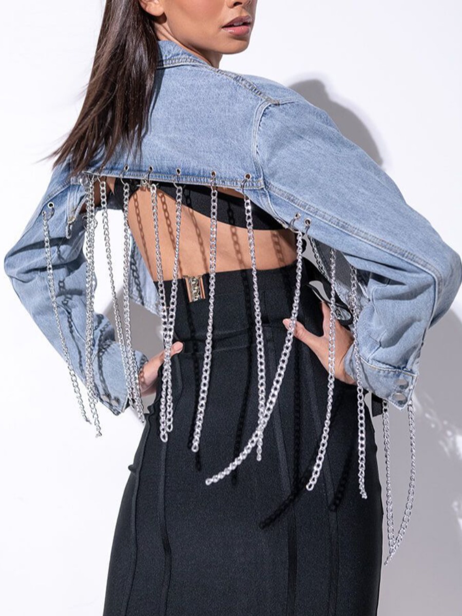 

LW Backless Chain Decor Denim Jacket (No Stretch), Deep blue