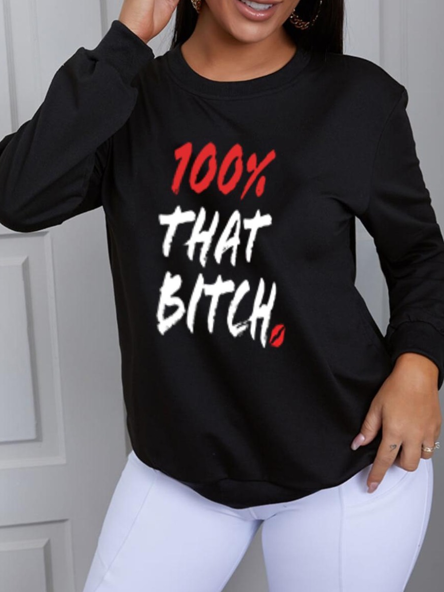 

LW Round Neck Letter Print Sweatshirt, Black
