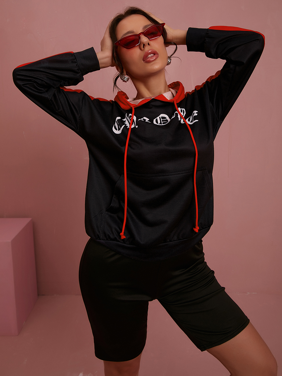 

LW COTTON Letter Print Oversized Hoodie, Black