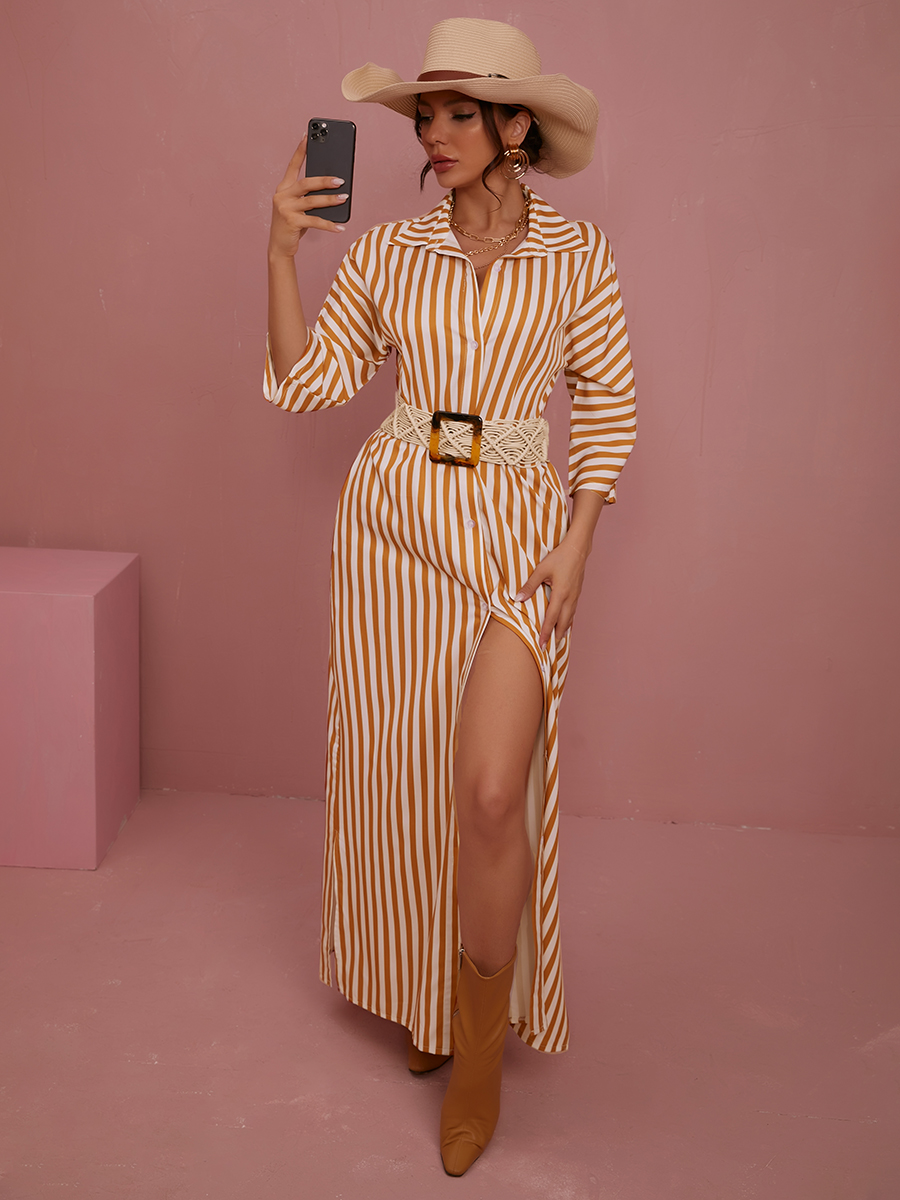 

LW Striped Button Design Shirt Dress, Yellow stripes