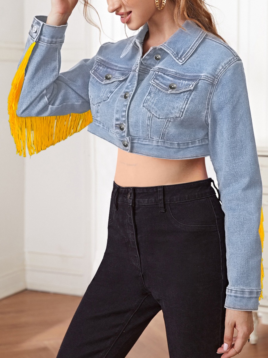 

LW High Stretchy Tassel Design Crop Top Denim Jacket, Baby blue