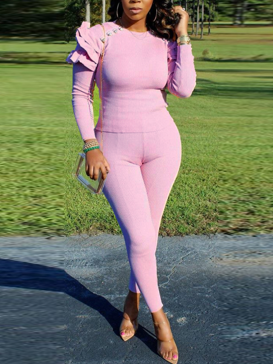 

LW Rib-Knit Flounce Design Pants Set, Pink