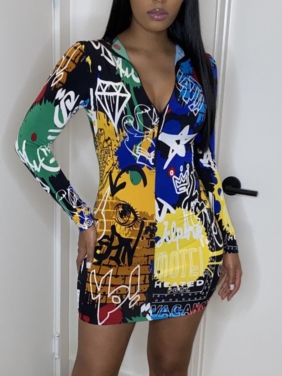 

LW Graffiti Print Zipper Design Bodycon Dress, Multi