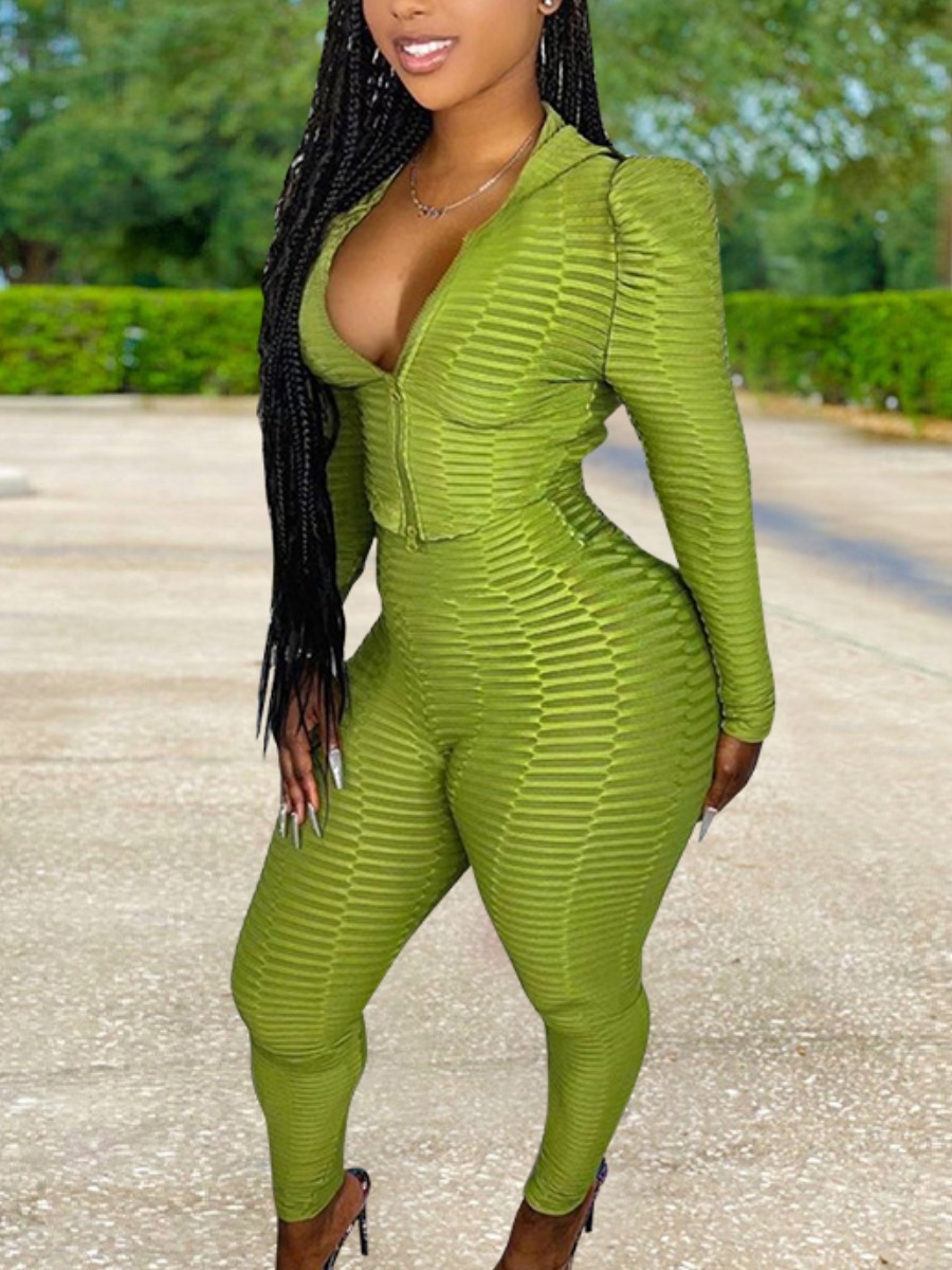 

LW Hooded Collar Puff Sleeve Tracksuit Set, Green