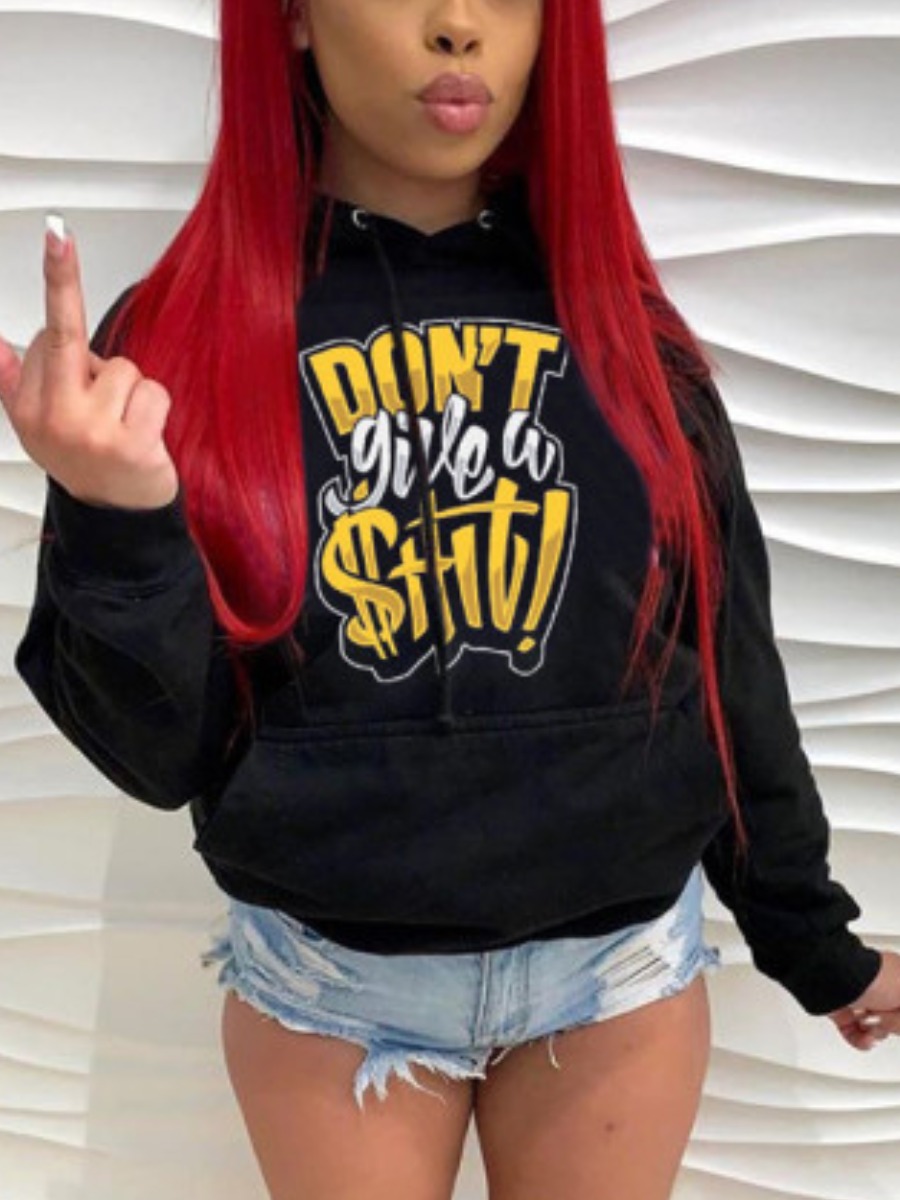 

LW Letter Print Kangaroo Pocket Hoodie, Black