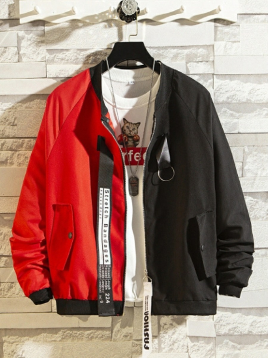 

LW Men Letter Print Patchwork Jacket, Red