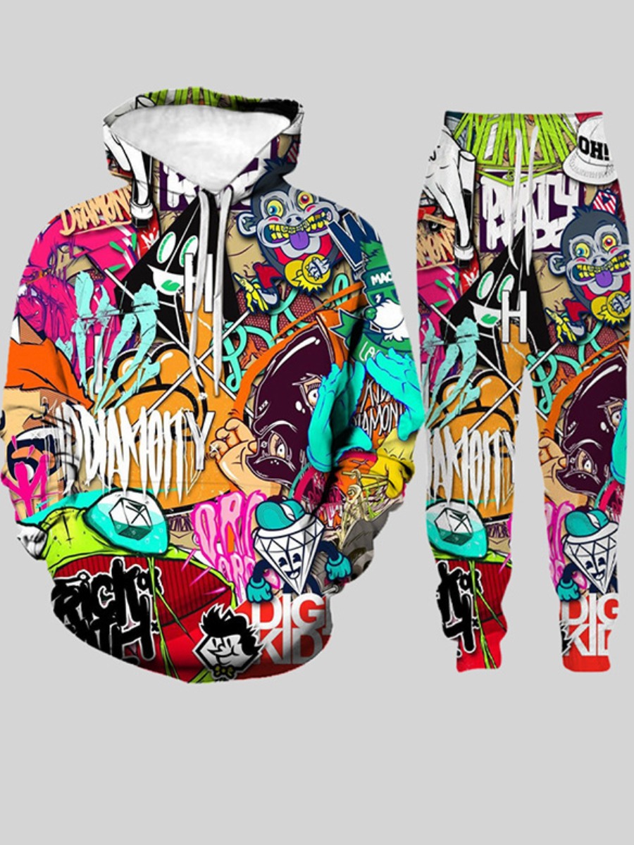 

LW Men Mixed Print Kangaroo Pocket Tracksuit Set, Multi
