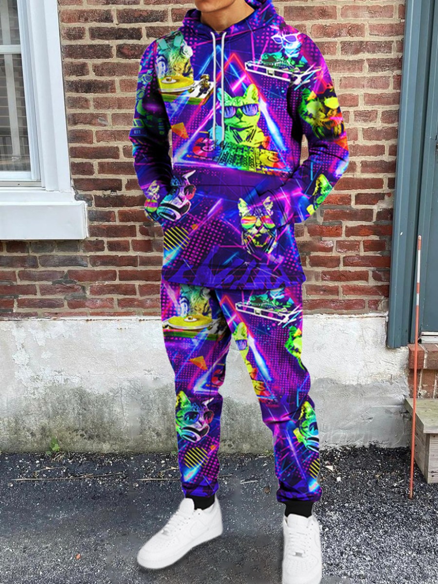 

LW Men Mixed Print Kangaroo Pocket Tracksuit Set, Purple