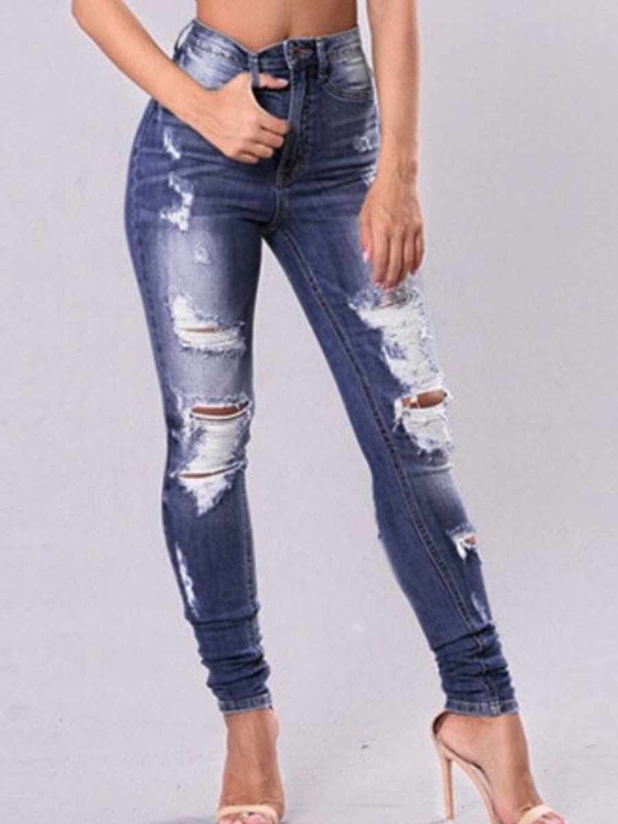 

LW Stylish High-waisted Broken Holes Dark Blue Jeans