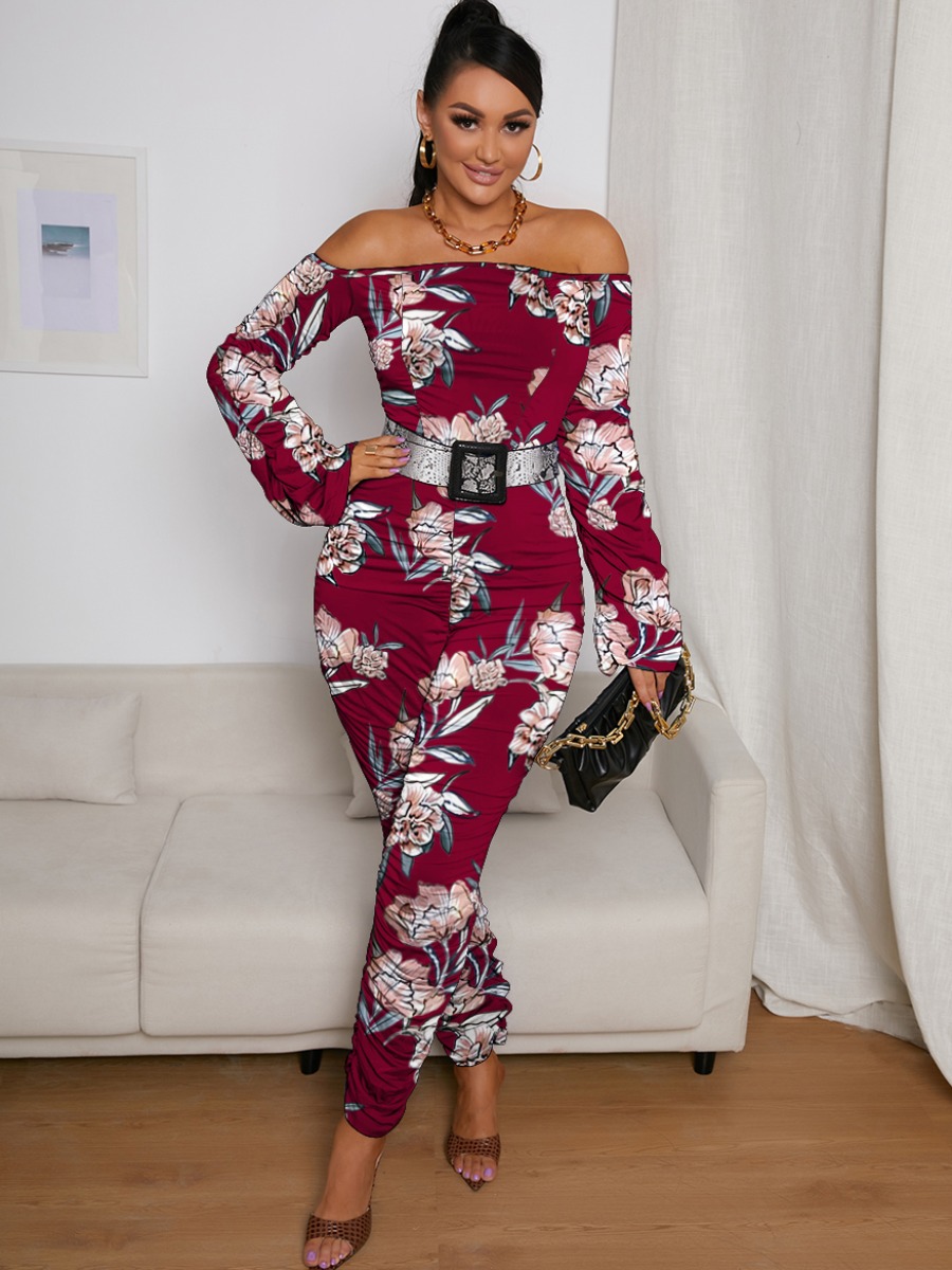 

LW Off The Shoulder Floral Print Ruched Jumpsuit (Without Belt), Multi