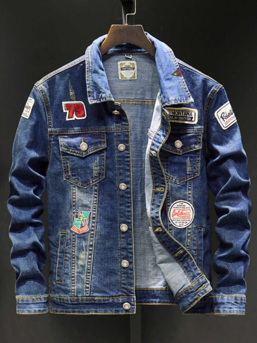 

LW Men Car Letter Decoration Denim Jacket, Blue