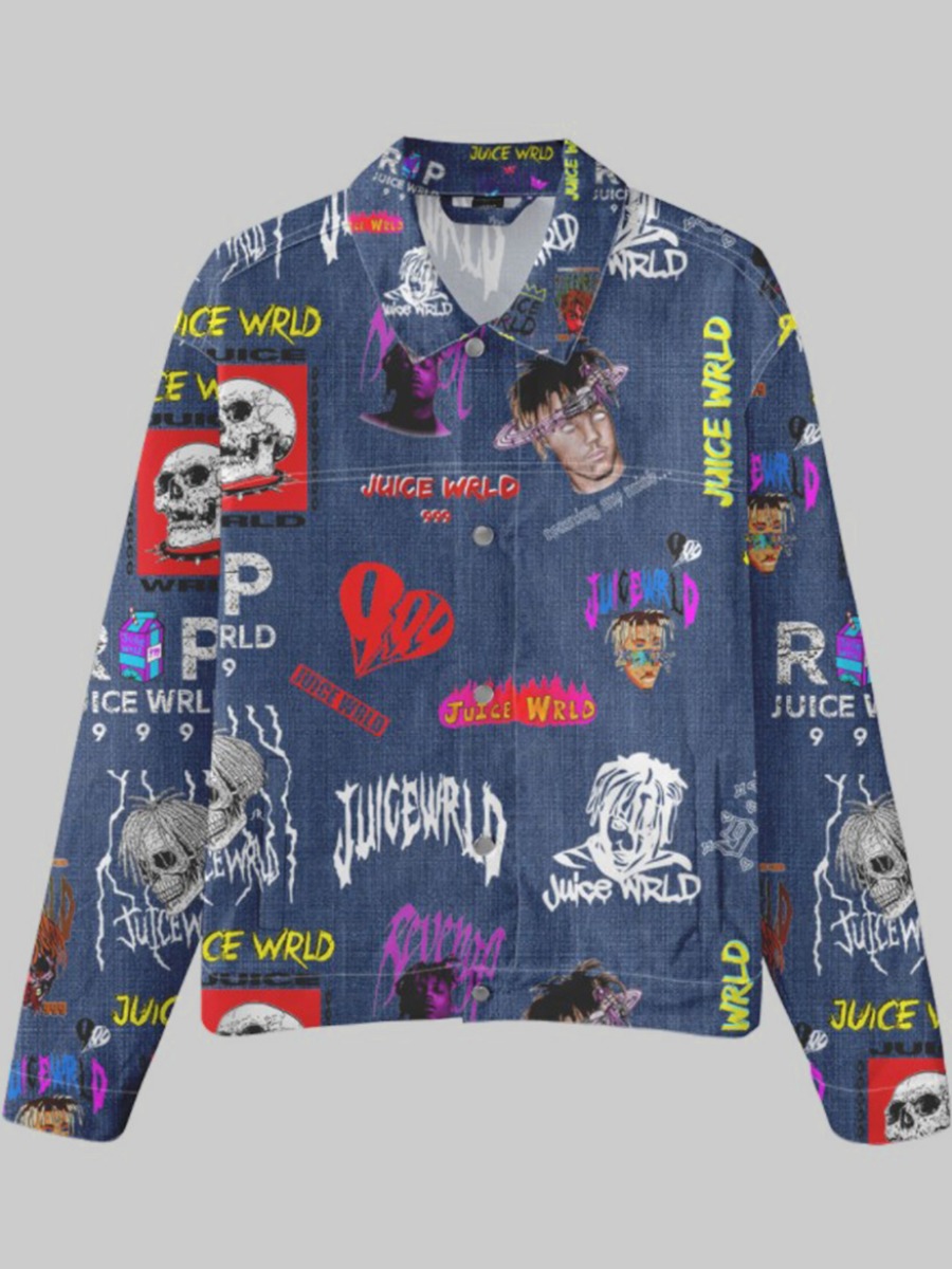 

LW Men Skull Head Letter Print Denim Jacket, Blue