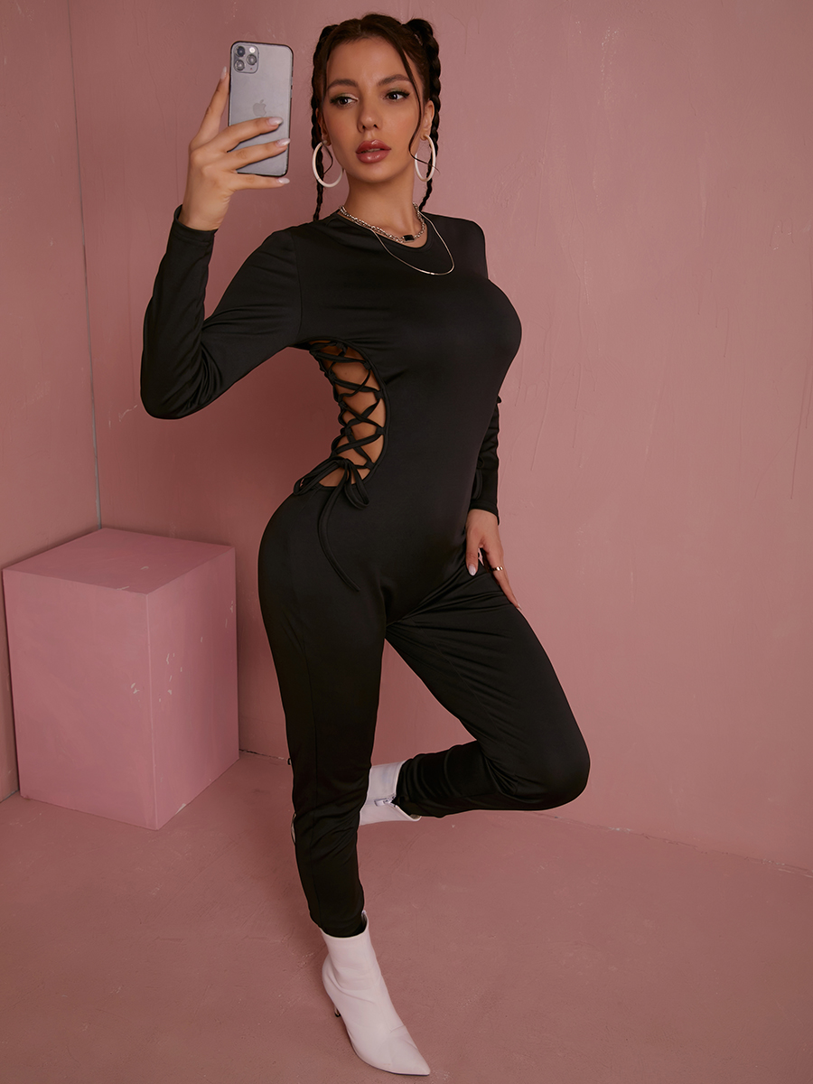 

LW SXY Bandage Hollow-out Design Jumpsuit, Black
