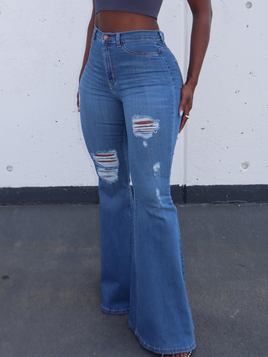 

LW High-waisted High Stretchy Ripped Boot Cut Jeans, Blue
