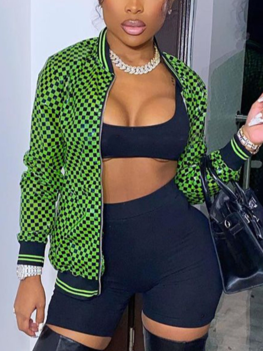 

LW Plaid Striped Zipper Design Jacket, Green