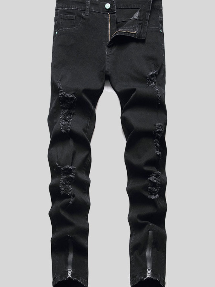 

LW Men Mid Waist Stretchy Ripped Zipper Jeans, Black