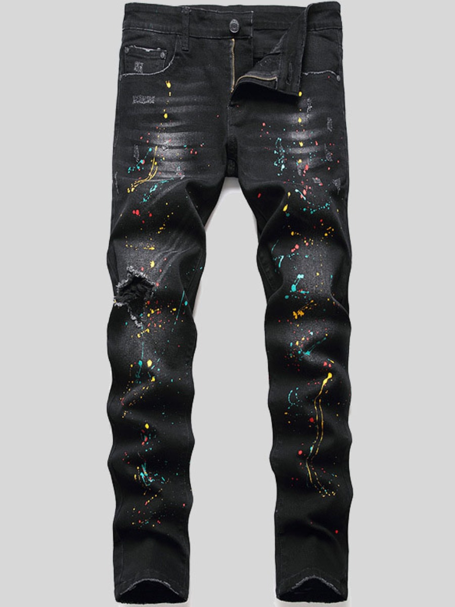 

LW Men High Stretchy Graffiti Ripped Jeans, Black