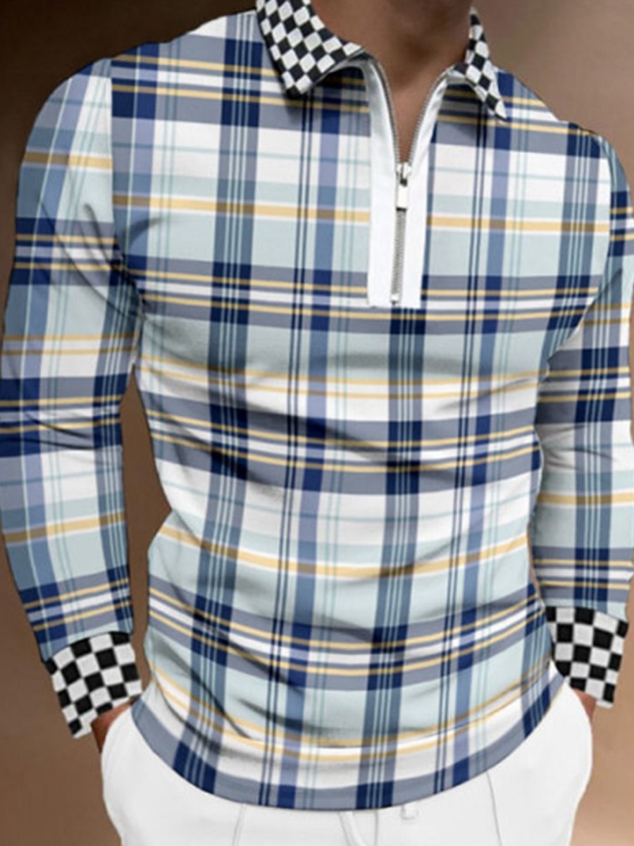 

LW Men Plaid Patchwork Polo, Blue