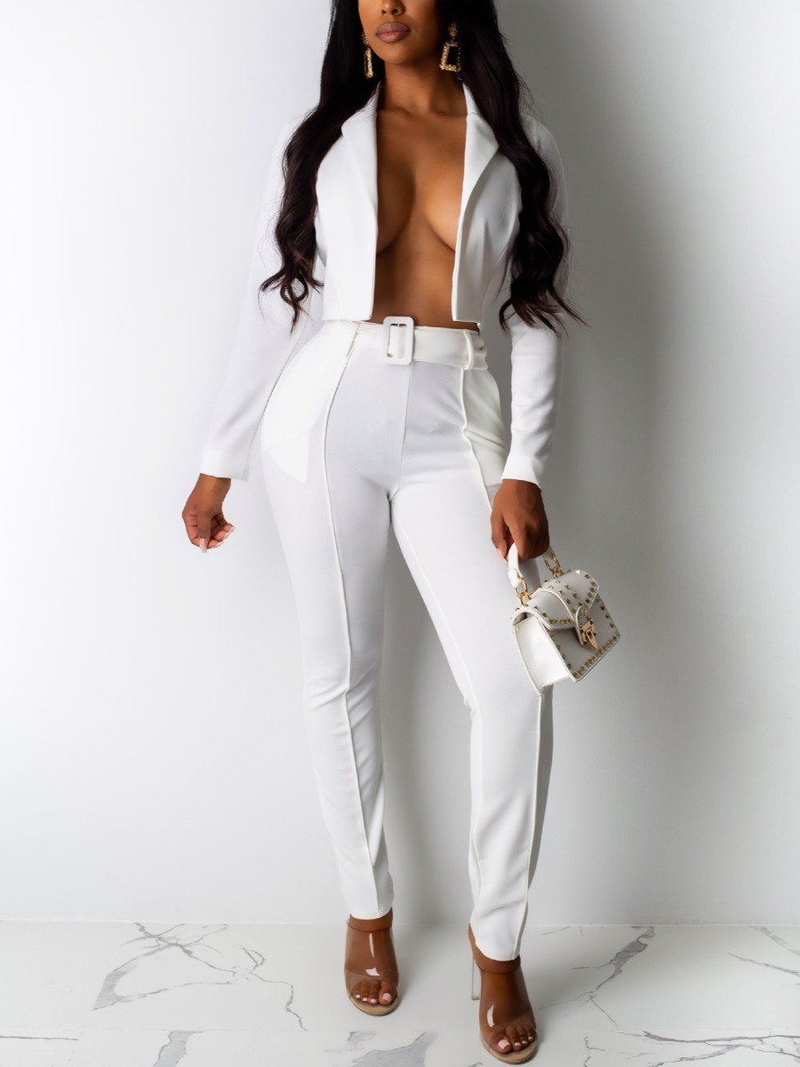 

LW Buckle Design Skinny Blazer Pant Set, White