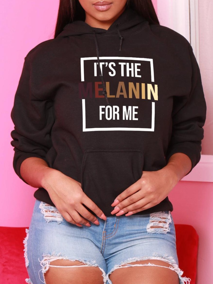 

LW Plus Size Letter Print Kangaroo Pocket Hoodie, Black