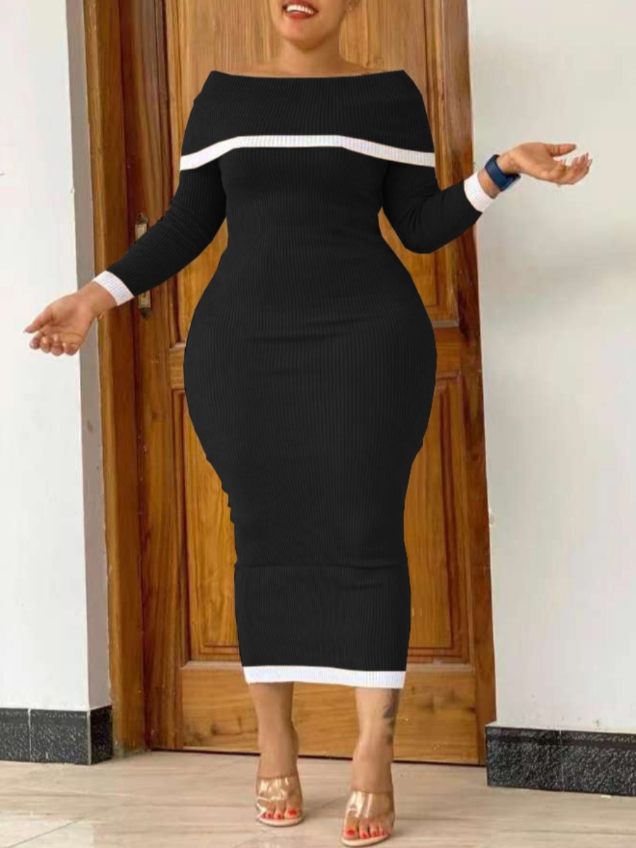 

LW Plus Size Stripe Rib-knit Dress, Black
