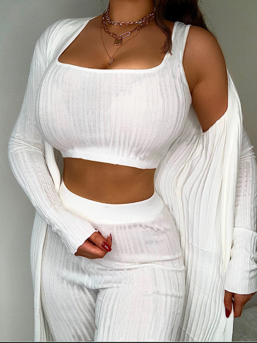 

LW U Neck High-waisted Three Piece Pants Set, White