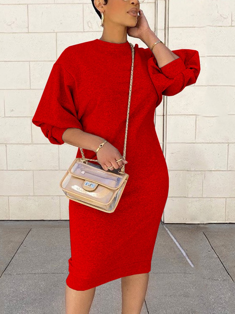 

LW BASICS Round Neck Lantern Sleeve Bodycon Dress, Red