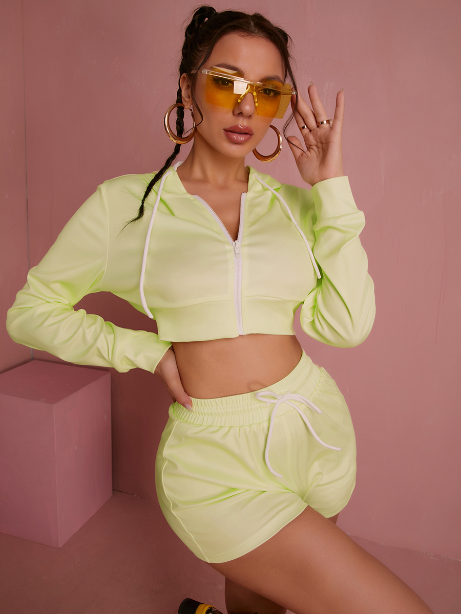 LW Drawstring Zipper Design Two Piece Shorts Set