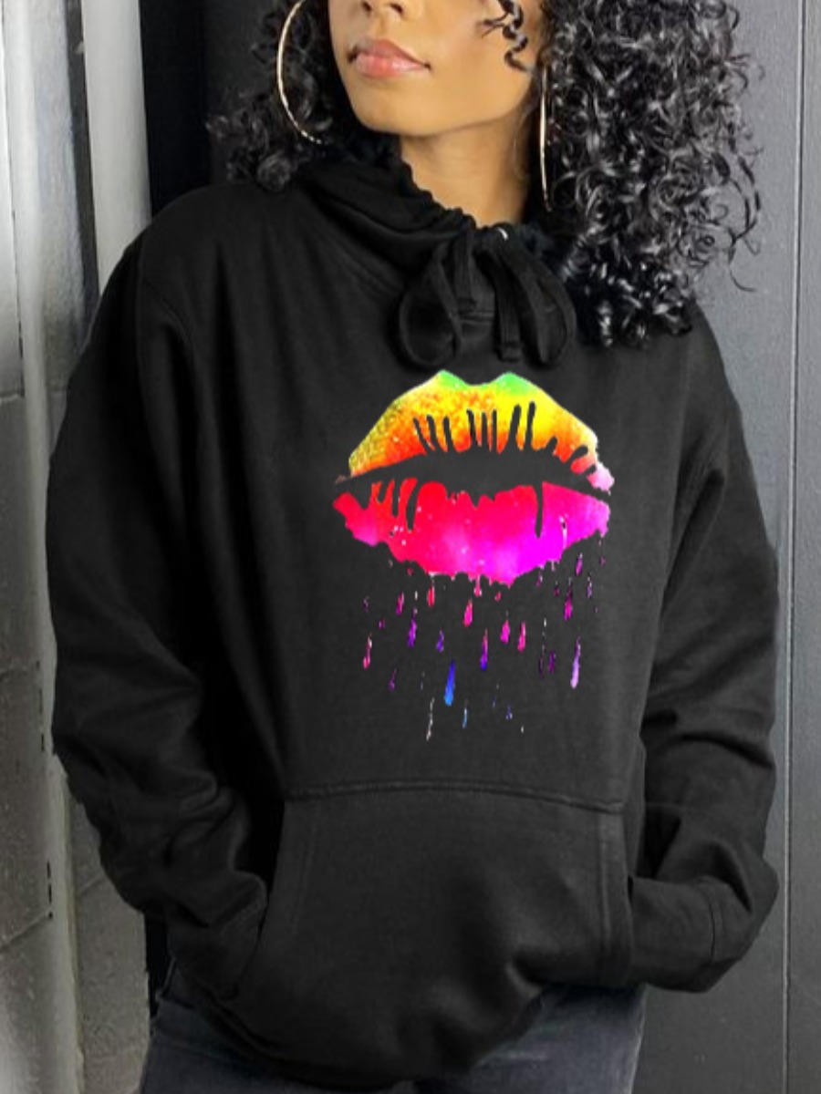 

LW Lip Print Kangaroo Pocket Hoodie, Black