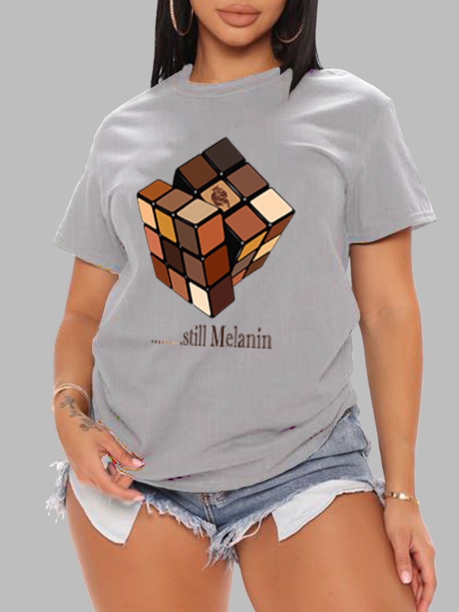 

LW BASICS Rubik  Cube Letter Print T-shirt, Grey
