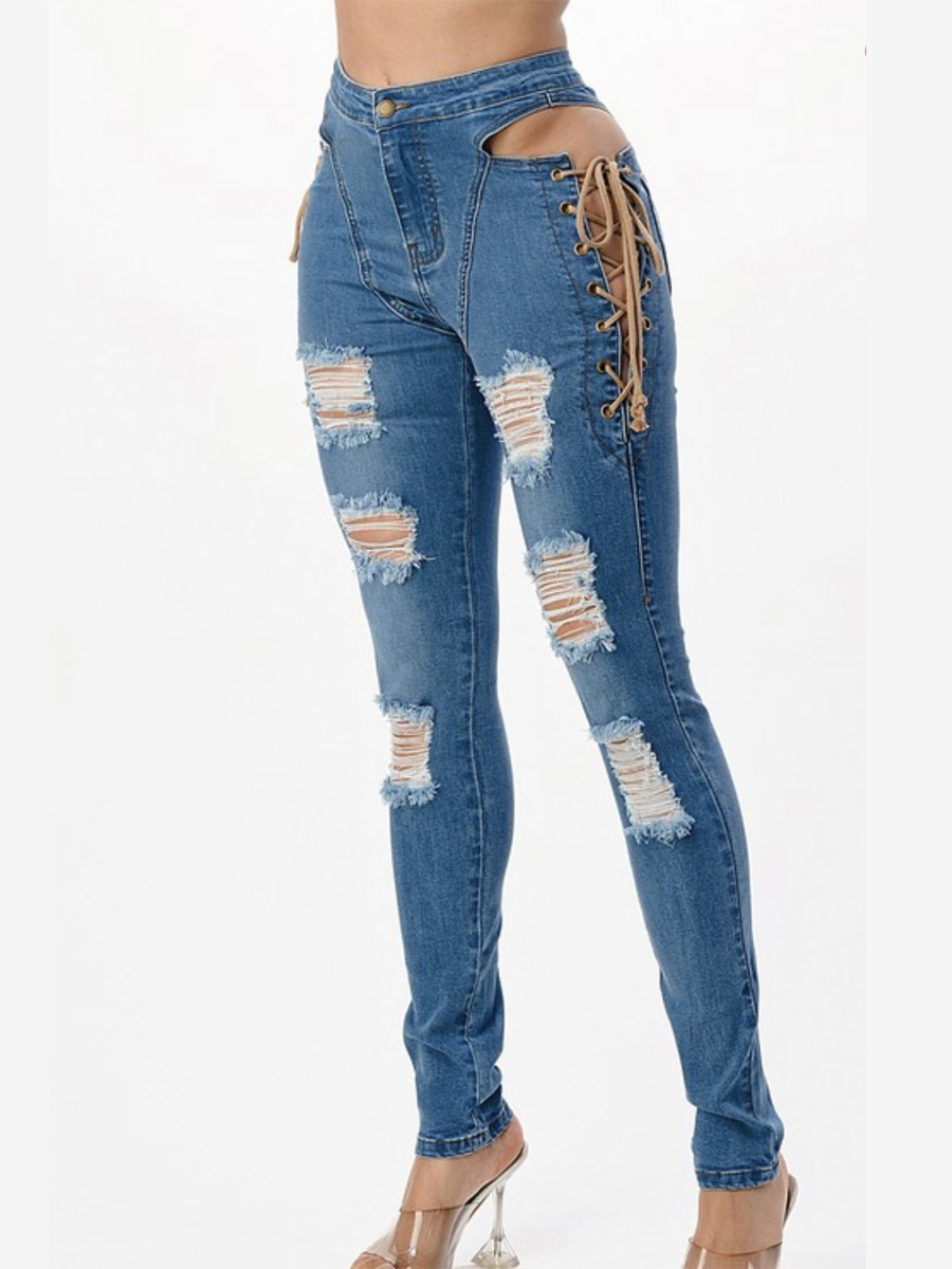 

LW Bandage Hollow-out Design Ripped Jeans, Deep blue