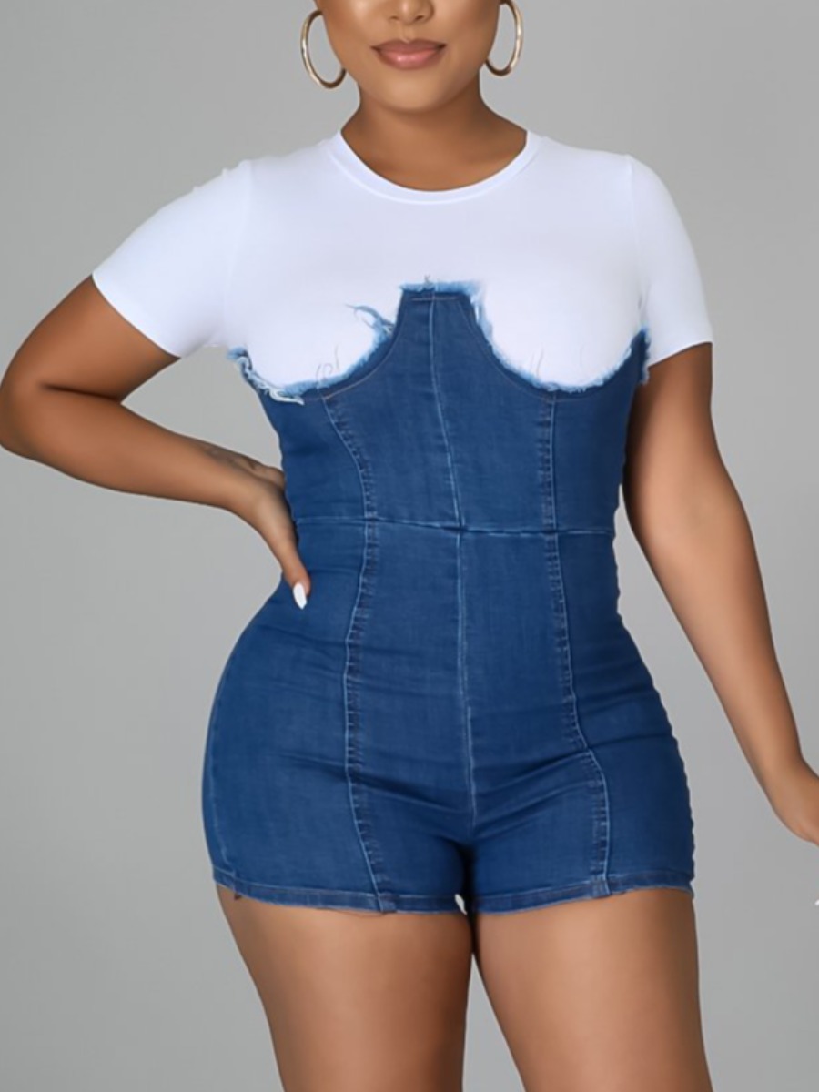 

LW BASICS Raw Edge Patchwork Denim Romper, Blue