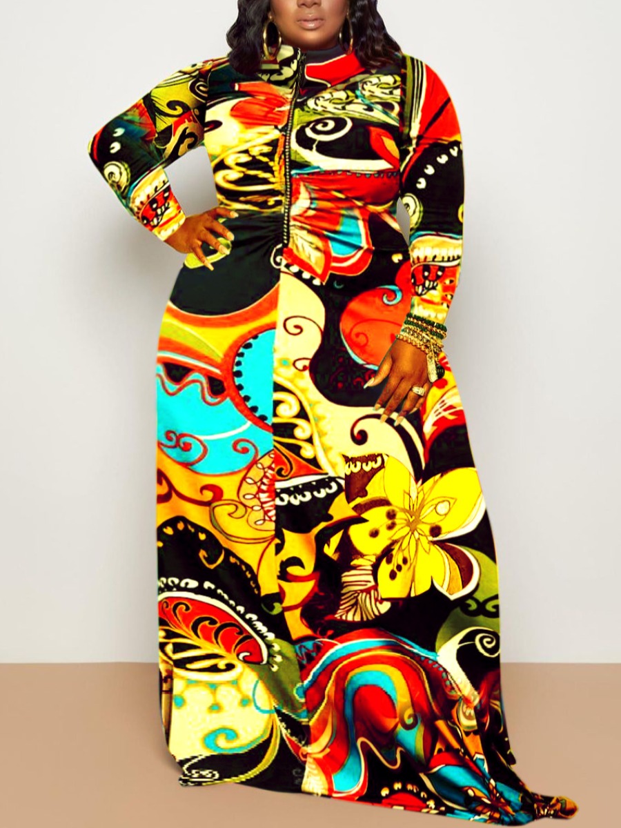 

LW COTTON Plus Size Mixed Print Zipper Asymmetrical Dress, Yellow