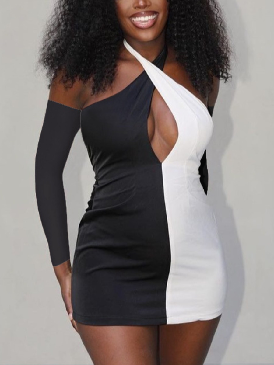 

LW SXY Cross Straps Patchwork Bodycon Dress, Black
