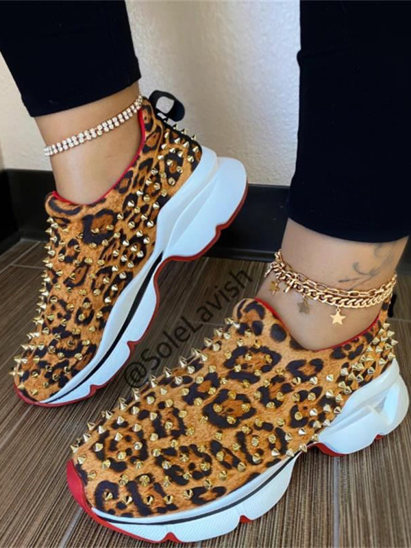 LW Leopard Print Rivet Decor Sneakers