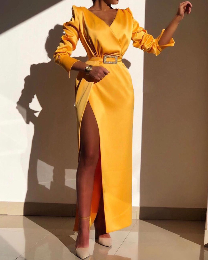 

LW High Split Belt Design Prom Dress, Yellow